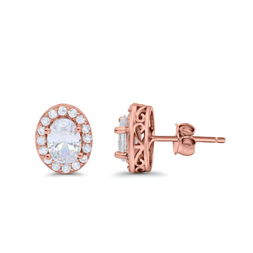 14K Rose Gold Wedding Stud Earrings Oval Simulated Cubic Zirconia (11mm)